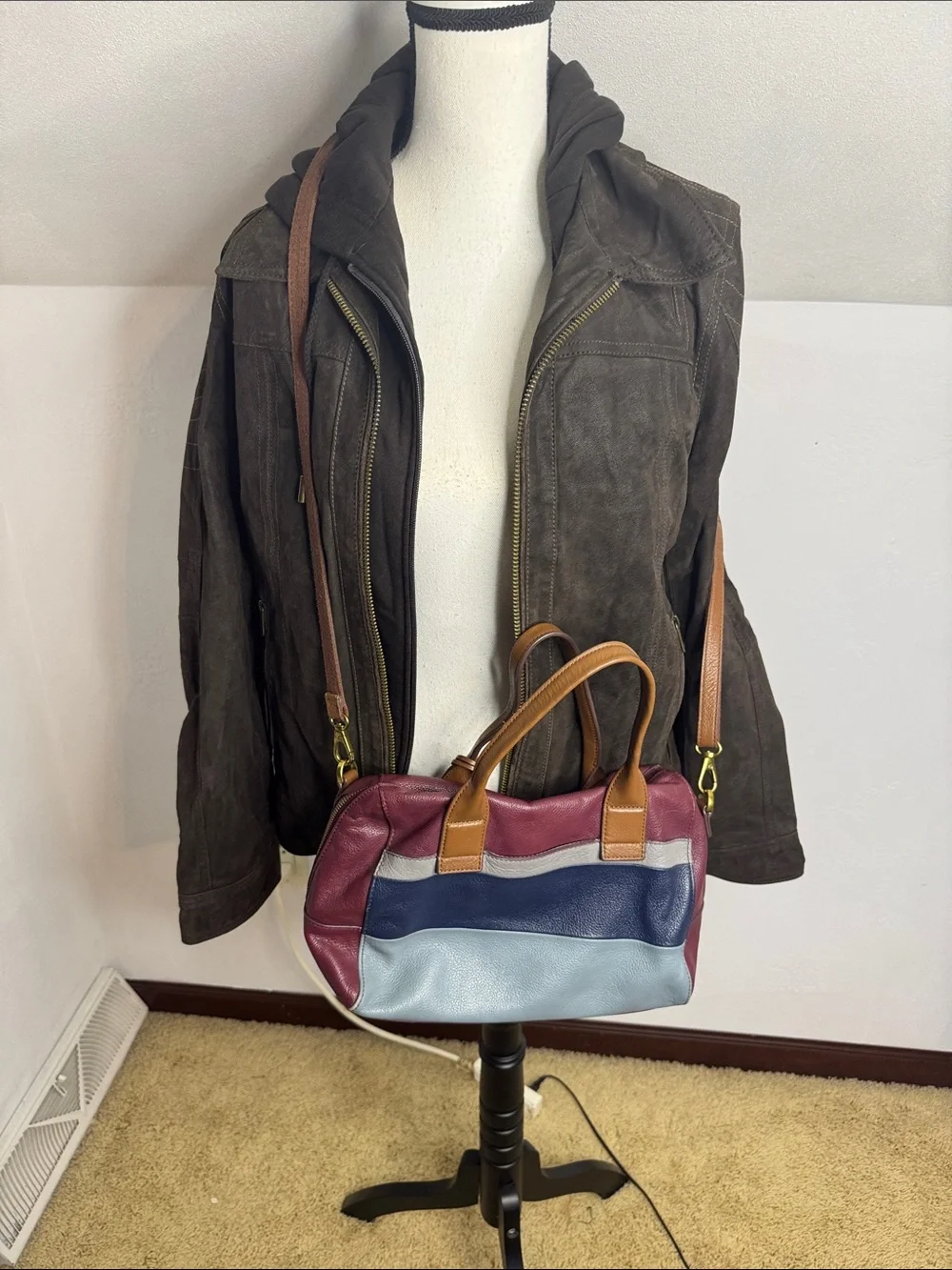 Fossil Leather Colorblock Satchel Bag in Burgundy, Navy & Gray